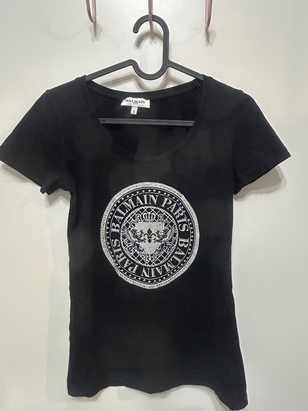 Balmain Black Short-Sleeve Scoop Neck Tee with Silver Logo Medallion